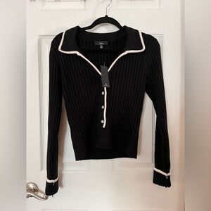 Lulu's Black Ribbed Long-sleeve Sweater with White Accents XL NWT